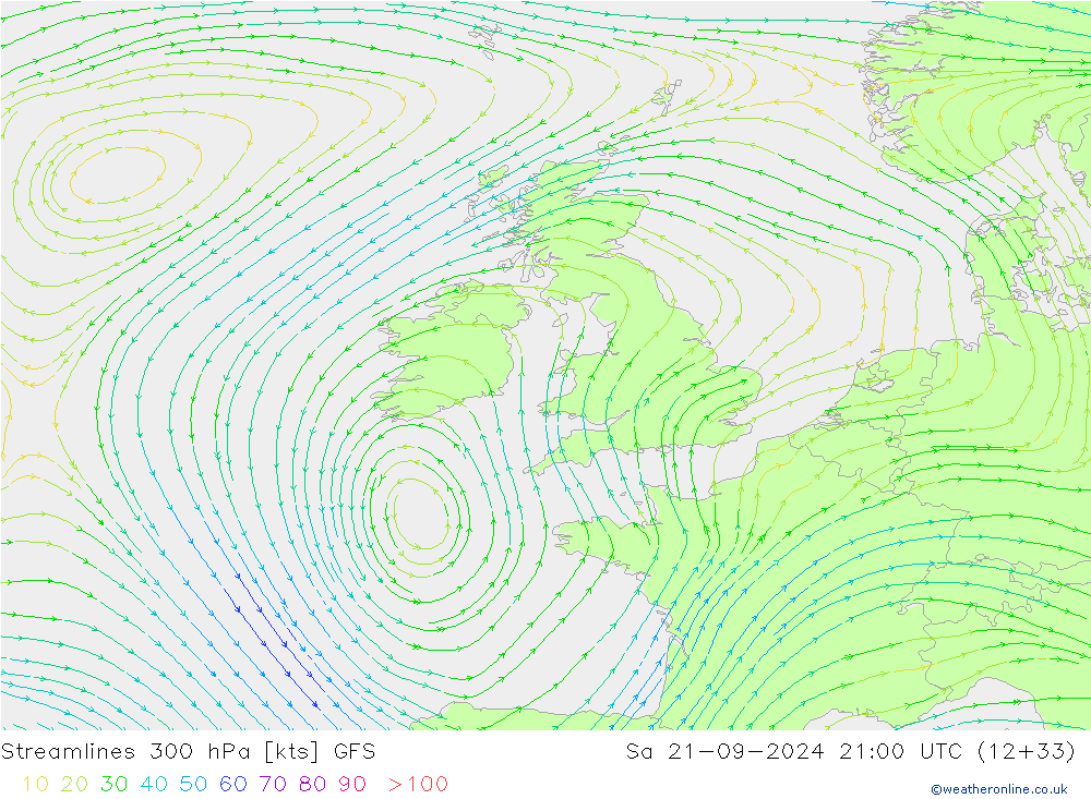 Linea di flusso 300 hPa GFS sab 21.09.2024 21 UTC