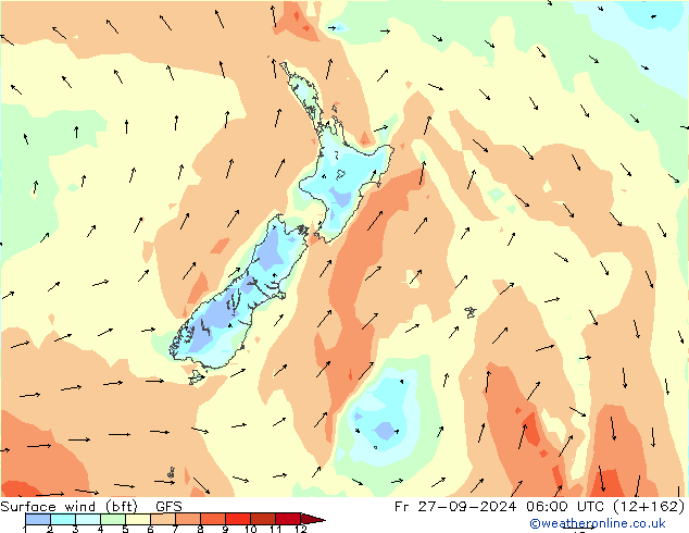 Surface wind (bft) GFS Fr 27.09.2024 06 UTC