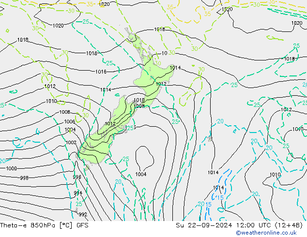 Theta-e 850hPa GFS dim 22.09.2024 12 UTC