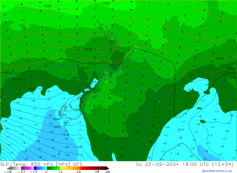 SLP/Temp. 850 hPa GFS Su 22.09.2024 18 UTC