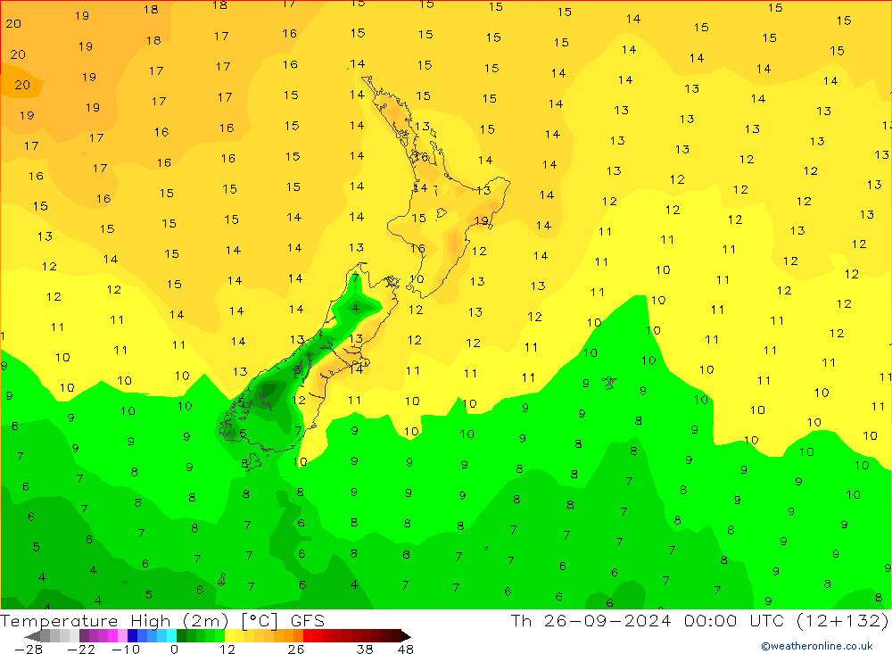 Temperature High (2m) GFS Th 26.09.2024 00 UTC