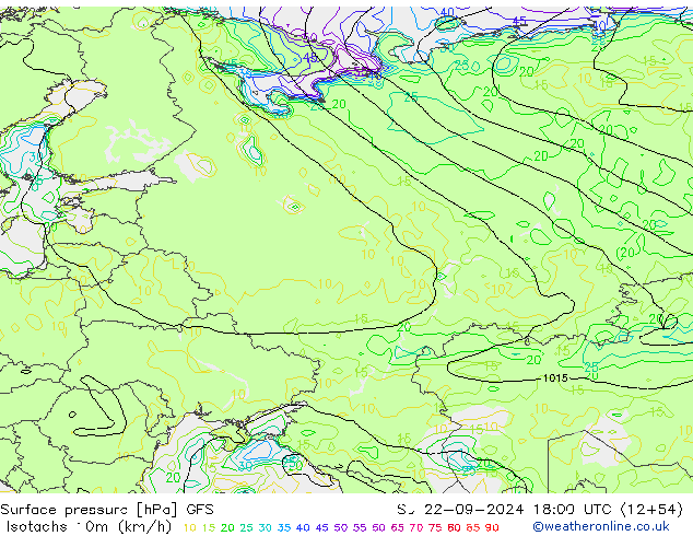 Isotachs (kph) GFS Su 22.09.2024 18 UTC