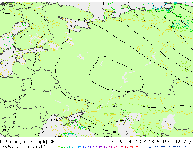 Isotachs (mph) GFS пн 23.09.2024 18 UTC