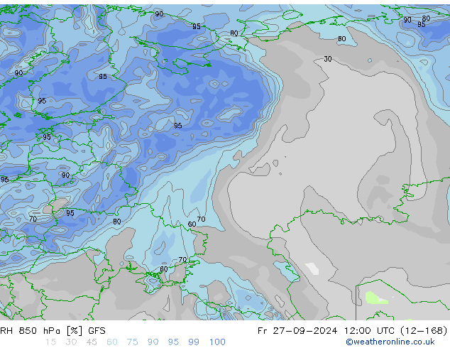 RH 850 гПа GFS пт 27.09.2024 12 UTC