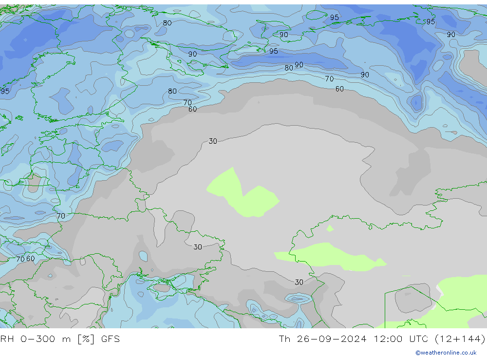 RH 0-300 m GFS Čt 26.09.2024 12 UTC