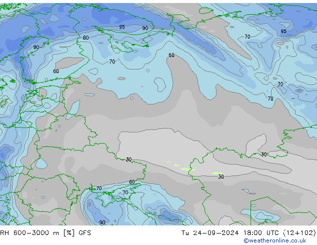 RH 600-3000 m GFS Út 24.09.2024 18 UTC