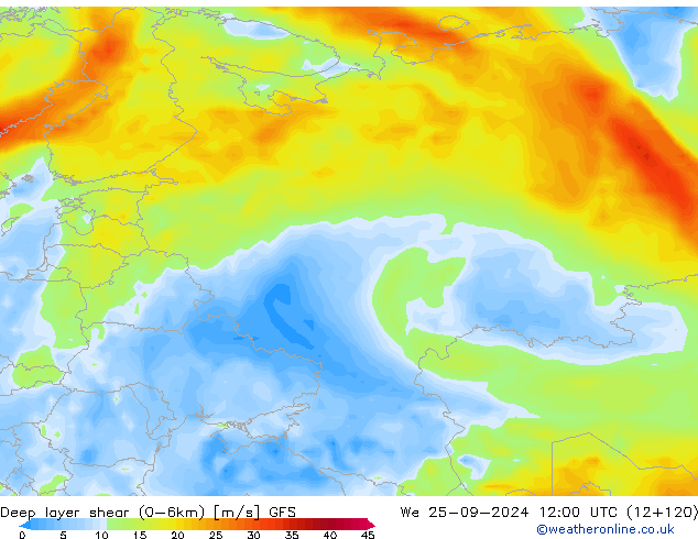 Deep layer shear (0-6km) GFS mié 25.09.2024 12 UTC