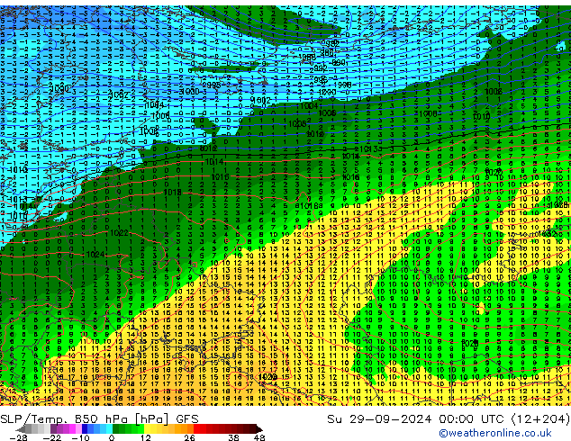 SLP/Temp. 850 hPa GFS dim 29.09.2024 00 UTC