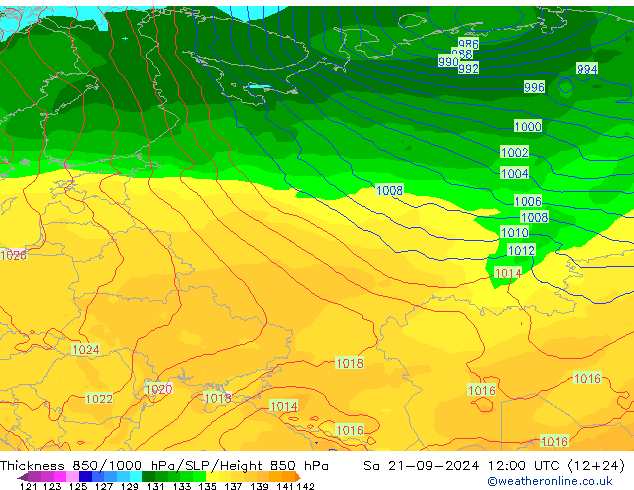 Thck 850-1000 hPa GFS Sa 21.09.2024 12 UTC