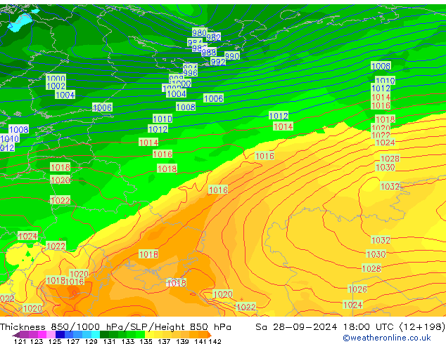 Thck 850-1000 hPa GFS So 28.09.2024 18 UTC