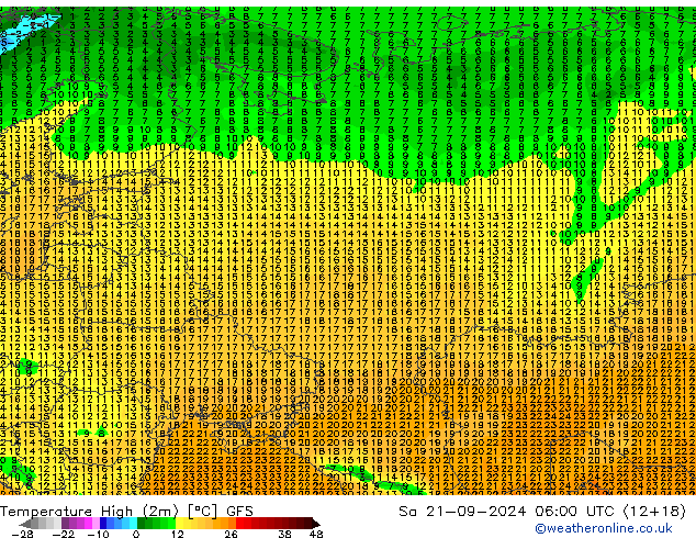 Temperatura máx. (2m) GFS sáb 21.09.2024 06 UTC