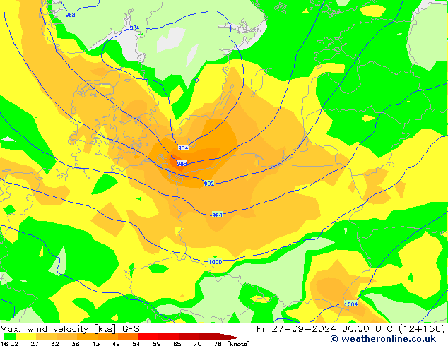 Max. wind velocity GFS ven 27.09.2024 00 UTC