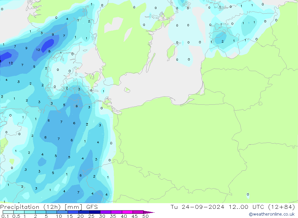 Precipitation (12h) GFS Tu 24.09.2024 00 UTC