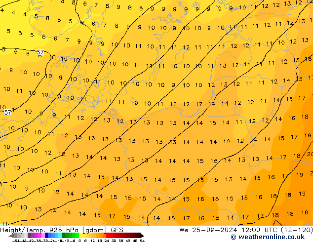 Height/Temp. 925 hPa GFS We 25.09.2024 12 UTC