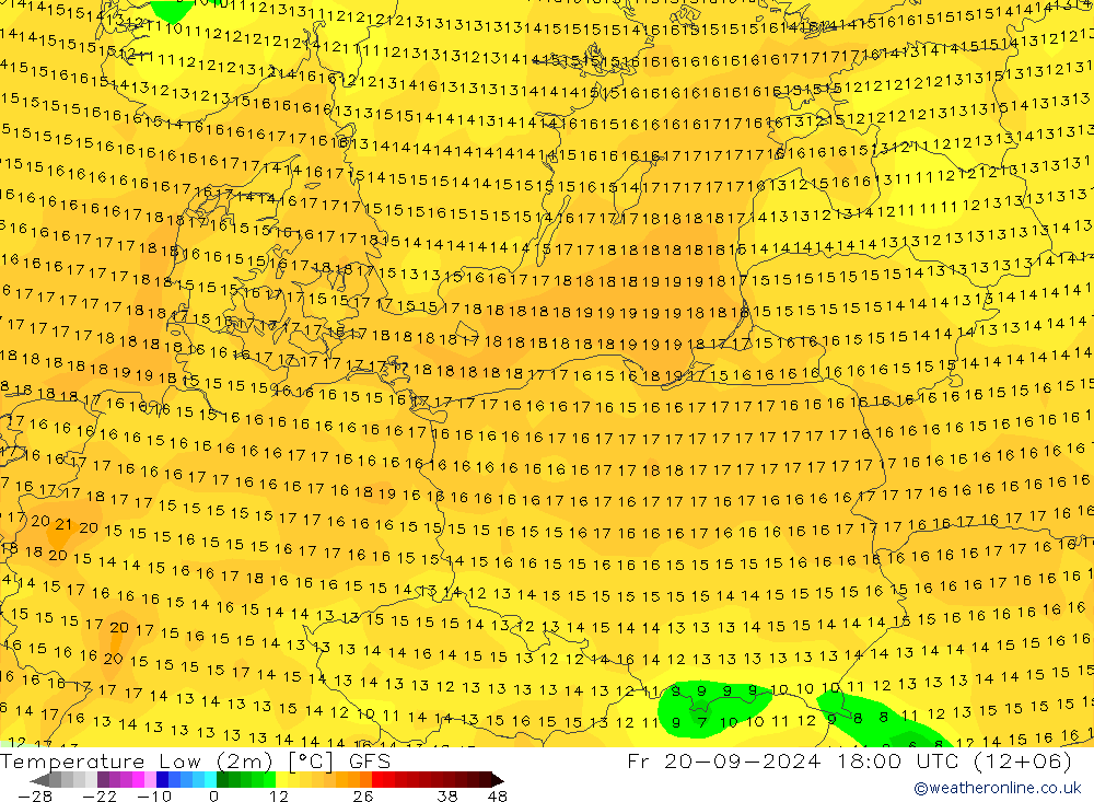 Minumum Değer (2m) GFS Cu 20.09.2024 18 UTC