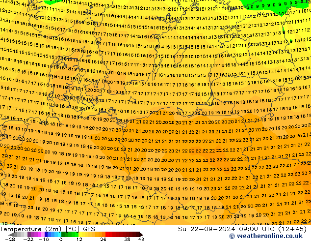 Temperature (2m) GFS Su 22.09.2024 09 UTC