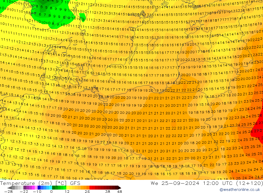 Temperatura (2m) GFS mer 25.09.2024 12 UTC