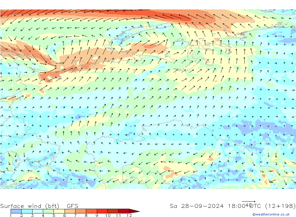 Surface wind (bft) GFS So 28.09.2024 18 UTC