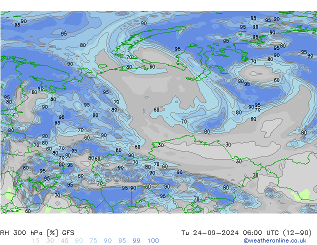 RH 300 hPa GFS Tu 24.09.2024 06 UTC