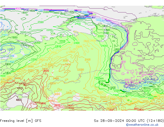 Freezing level GFS so. 28.09.2024 00 UTC