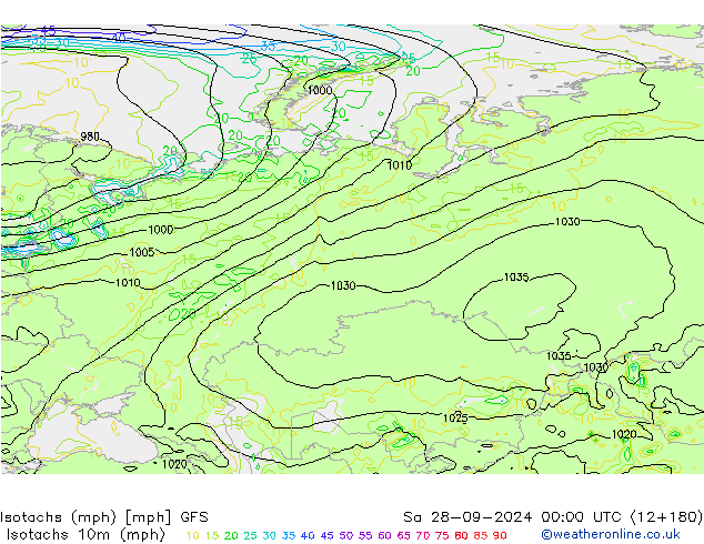 Izotacha (mph) GFS so. 28.09.2024 00 UTC