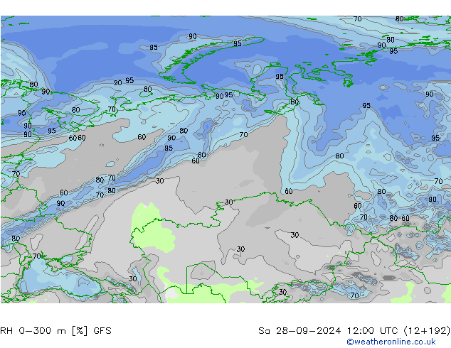 RH 0-300 m GFS so. 28.09.2024 12 UTC