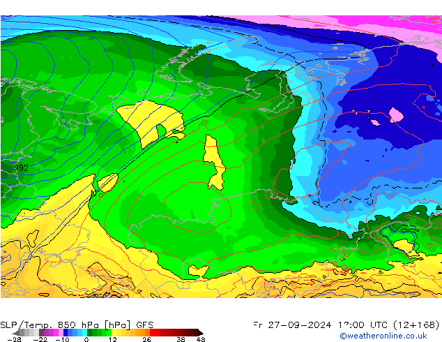 SLP/Temp. 850 hPa GFS Pá 27.09.2024 12 UTC