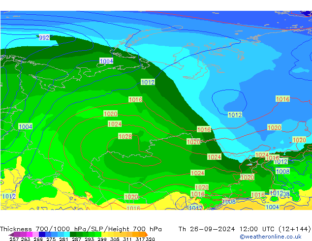 Thck 700-1000 гПа GFS чт 26.09.2024 12 UTC