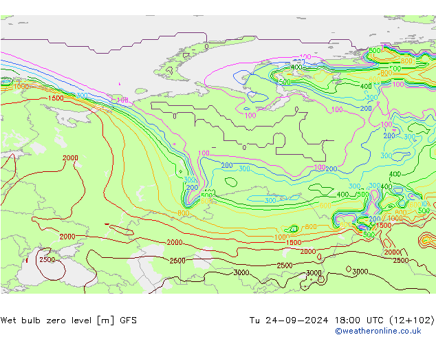 Wet bulb zero level GFS  24.09.2024 18 UTC