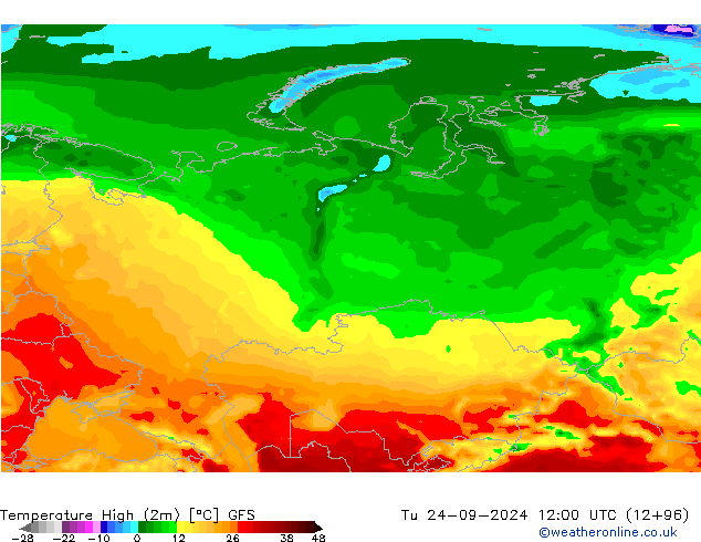 température 2m max GFS mar 24.09.2024 12 UTC