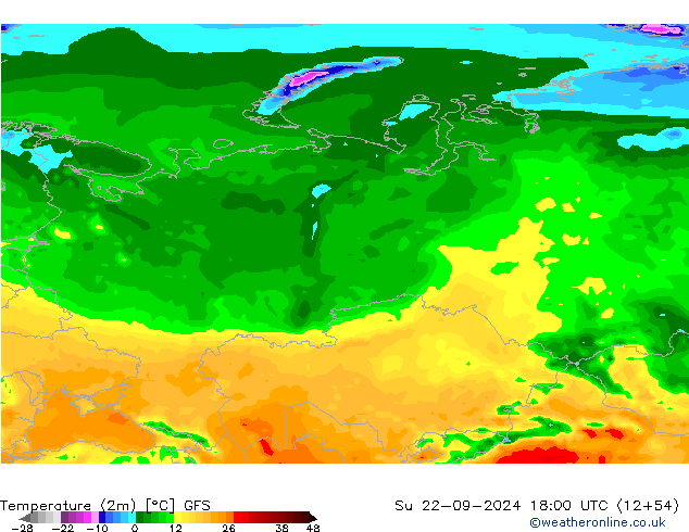 Temperatuurkaart (2m) GFS zo 22.09.2024 18 UTC