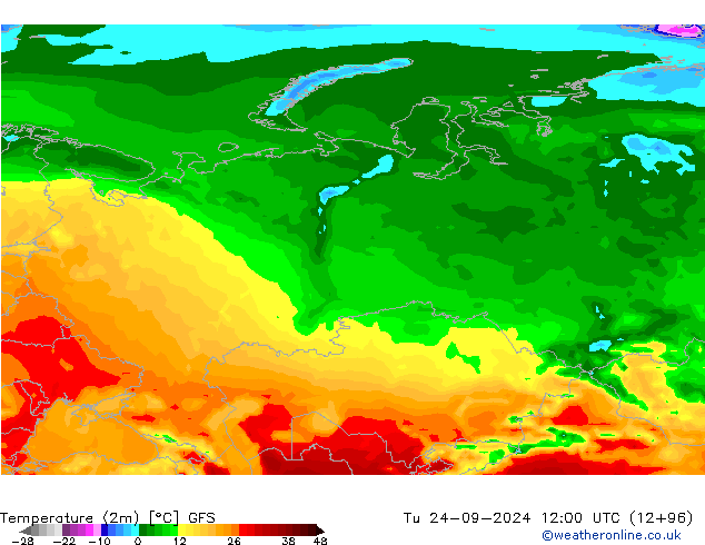 température (2m) GFS mar 24.09.2024 12 UTC