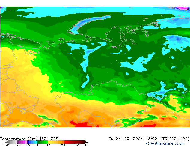 mapa temperatury (2m) GFS wto. 24.09.2024 18 UTC