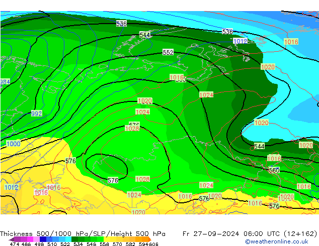 Espesor 500-1000 hPa GFS vie 27.09.2024 06 UTC