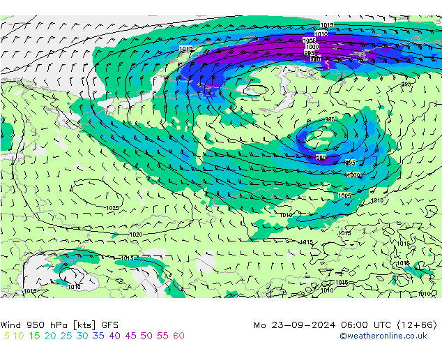 Viento 950 hPa GFS lun 23.09.2024 06 UTC