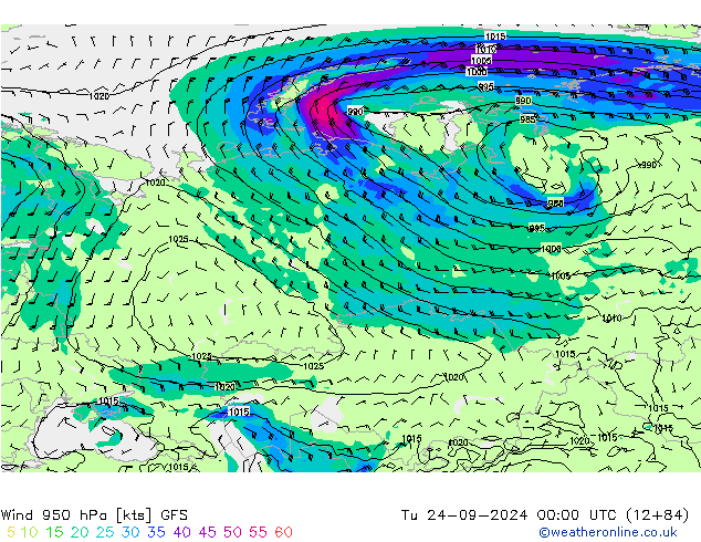 Wind 950 hPa GFS Tu 24.09.2024 00 UTC