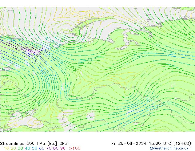 Linea di flusso 500 hPa GFS ven 20.09.2024 15 UTC