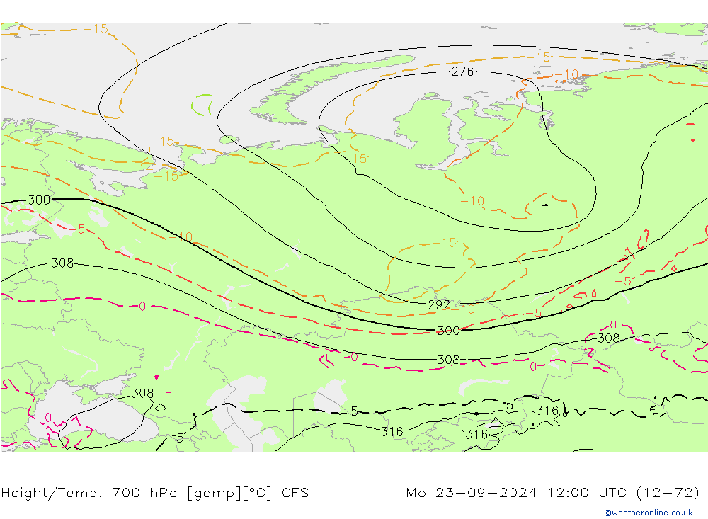 Height/Temp. 700 hPa GFS pon. 23.09.2024 12 UTC