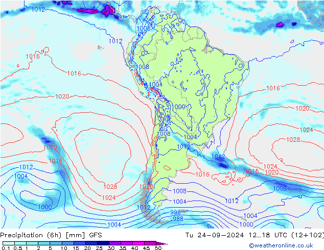 Précipitation (6h) GFS mar 24.09.2024 18 UTC