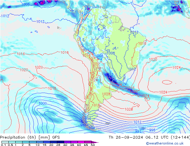 Z500/Rain (+SLP)/Z850 GFS Čt 26.09.2024 12 UTC