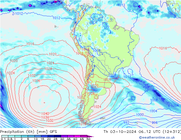 Totale neerslag (6h) GFS do 03.10.2024 12 UTC