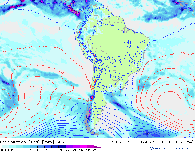 Totale neerslag (12h) GFS zo 22.09.2024 18 UTC