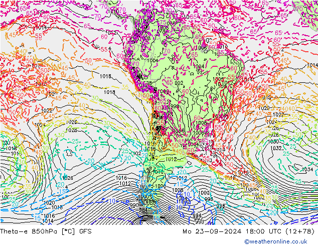 Theta-e 850hPa GFS Mo 23.09.2024 18 UTC