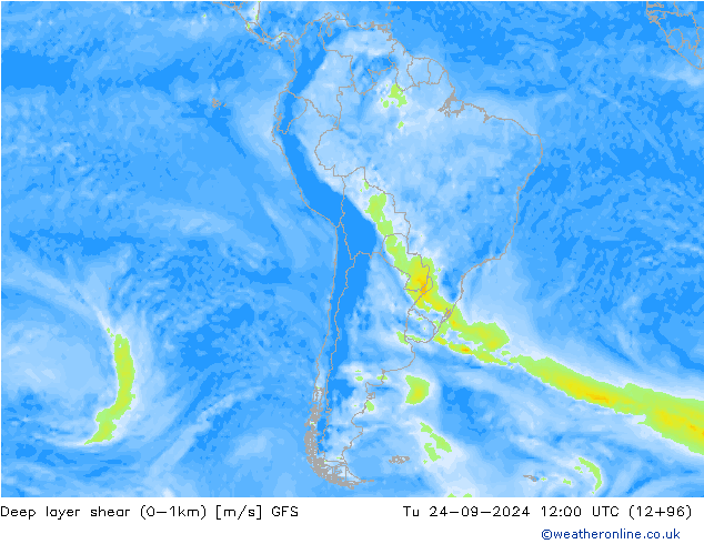 Deep layer shear (0-1km) GFS Tu 24.09.2024 12 UTC