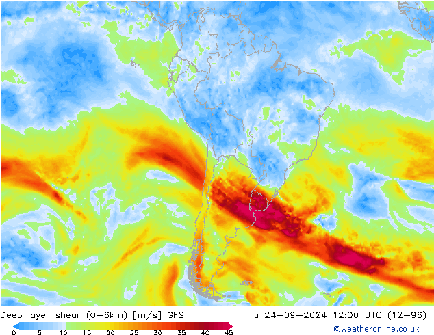 Deep layer shear (0-6km) GFS Ter 24.09.2024 12 UTC