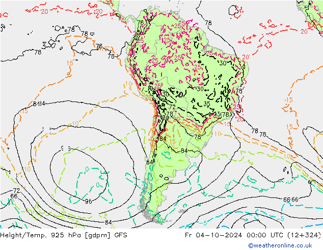 Hoogte/Temp. 925 hPa GFS vr 04.10.2024 00 UTC