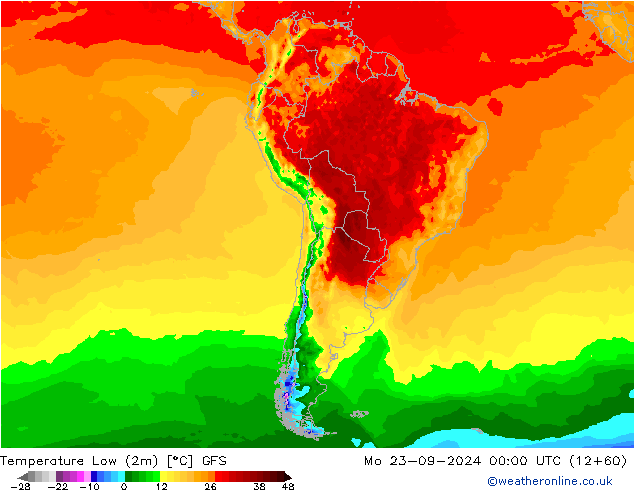 Temperature Low (2m) GFS Mo 23.09.2024 00 UTC