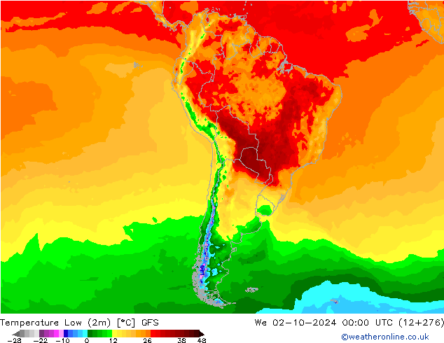 Temperature Low (2m) GFS We 02.10.2024 00 UTC