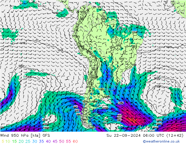 Rüzgar 950 hPa GFS Paz 22.09.2024 06 UTC