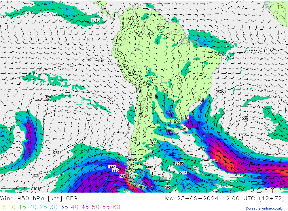 Prec 6h/Wind 10m/950 GFS pon. 23.09.2024 12 UTC